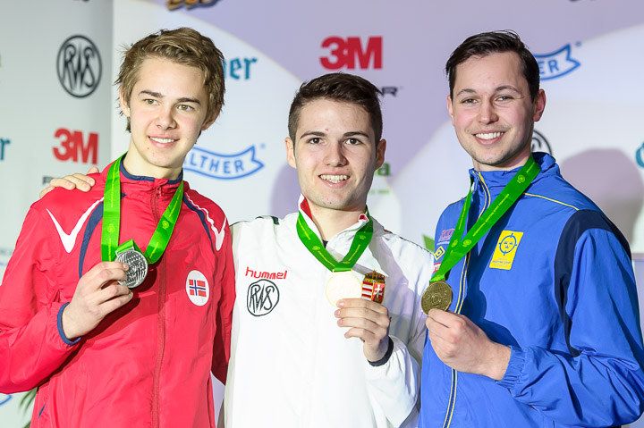 SUHL - MAY 1: (L-R) Silver medalist Vegard NORDHAGEN of Norway, Gold medalist Istvan PENI of Hungary and Bronze medalist Ludwig WASSMAN of Sweden pose with their medals after the 50m Rifle Prone Men Junior Finals at the Shooting Center Suhl during Day 1 of the ISSF Junior World Cup Rifle/Pistol/Shotgun on May 1, 2016 in Suhl, Germany. (Photo by Nicolo Zangirolami)
